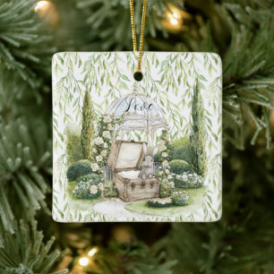 Hase in Brust grüne Blätter Floral Weihnachten Keramikornament