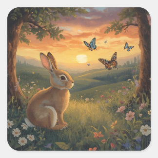 Hase Liebe Schmetterling Sonnenuntergang Illustrat Quadratischer Aufkleber