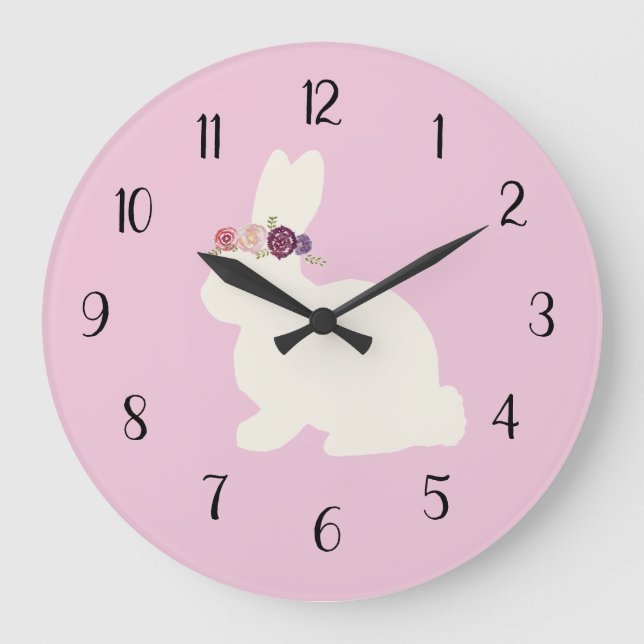 Hase mit Blume Kraut Rosa Dekoration Große Uhr (Vorderseite)