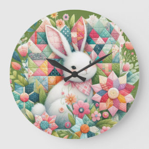 Hase mit Quilt und Blumen Große Wanduhr