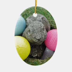 Hase mit rosa blaugelbem Ei Keramik Ornament