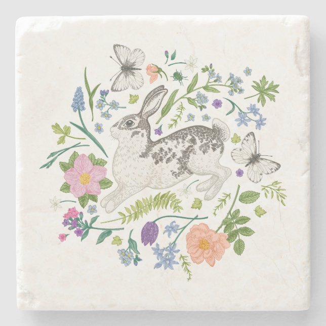 Hase und Frühlingsblumen Kissen Steinuntersetzer (Vorderseite)