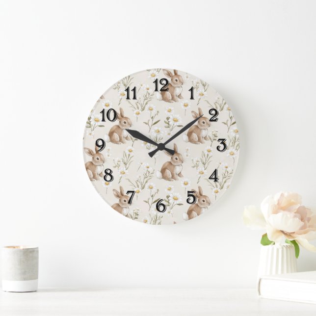 Hasen Kaninchen Gänseblümchen Blumen Kinderzimmer Große Wanduhr (Zuhause)
