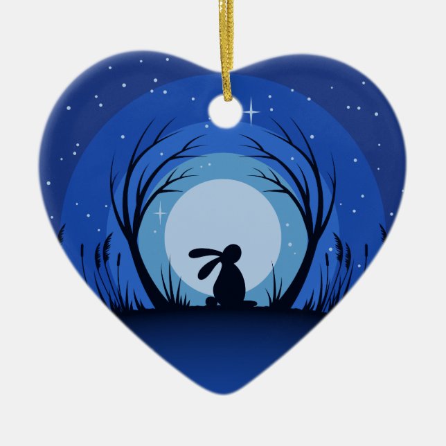 Hasen, Kaninchen, Mondschein-Silhouette Keramik Ornament (Vorne)