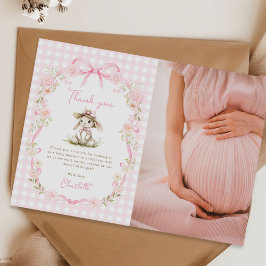 Hasen-Pink-Schleife Gingham-Baby-Shower-Foto Dankeskarte