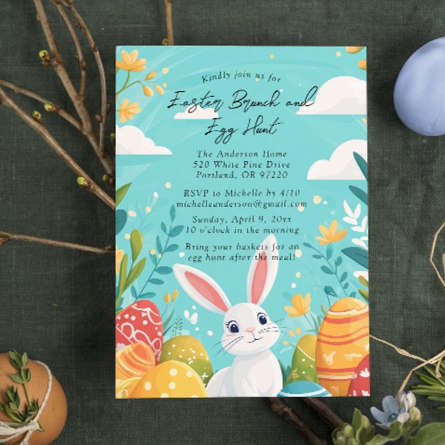 Hasen- und Eiertöpfe Osterblau Brunch und Eierjagd Einladung (Von Creator hochgeladen)