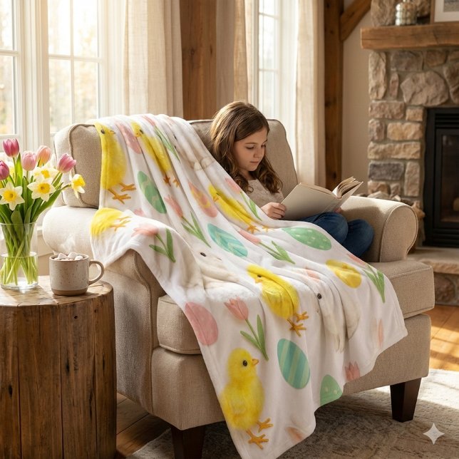 Hasen und Küken Muster Fleecedecke (Cozy moments are enhanced by reading a book by the fire and using a warm, springtime fleece blanket)