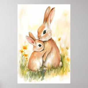 Hasen-Wasserfarbdruck, Mama und Kind, Kinderzimmer Poster