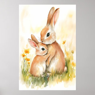 Hasen-Wasserfarbdruck, Mama und Kind, Kinderzimmer Poster