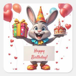 Hasenfeier mit Geschenk und Luftballons 🐰 Quadratischer Aufkleber