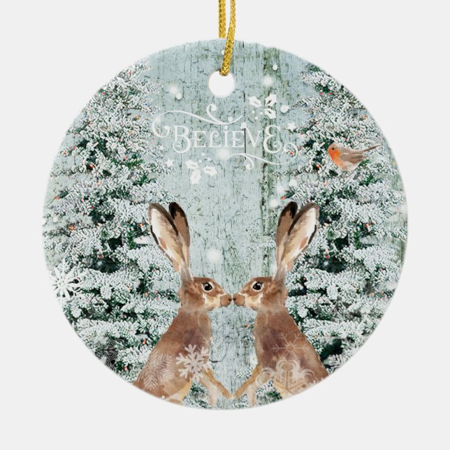 Haseweihnachtsverzierungswinter-Schneedekoration Keramik Ornament (Vorne)