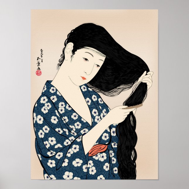 Hashiguchi Goyo - Frau in blau Coming your Hair Poster (Vorne)