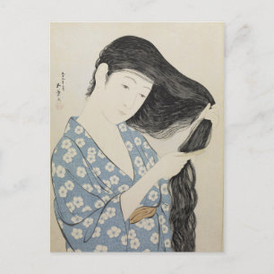 Hashiguchi Goyo - Frau in blau Coming your Hair Postkarte