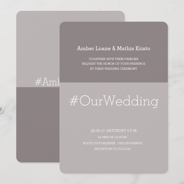 Hashtag chic moderne lila gray taupe Hochzeit Einladung (Vorne/Hinten)