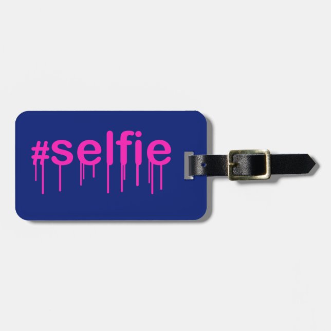 Hashtag Selfie Drooling auf blau Gepäckanhänger (Vorderseite horizontal)