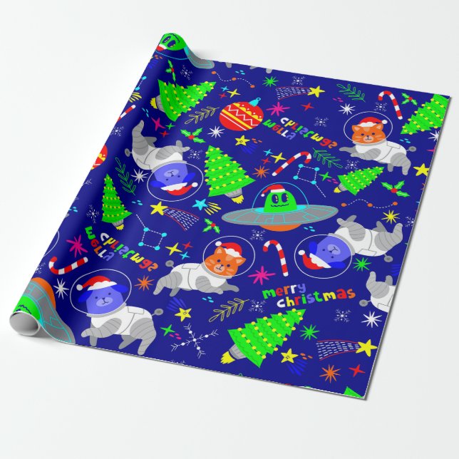 hässliche Weihnachtslieder Alien santa dog cat Geschenkpapier (Ungerollt)