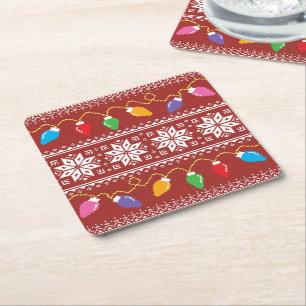 Hässlicher Pullover Schneeflocken Weihnachtslichte Rechteckiger Pappuntersetzer