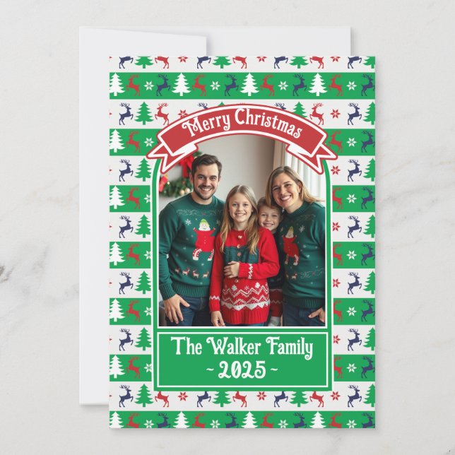 Hässlicher Weihnachtspullover Familienfoto  Feiertagskarte (Vorderseite)