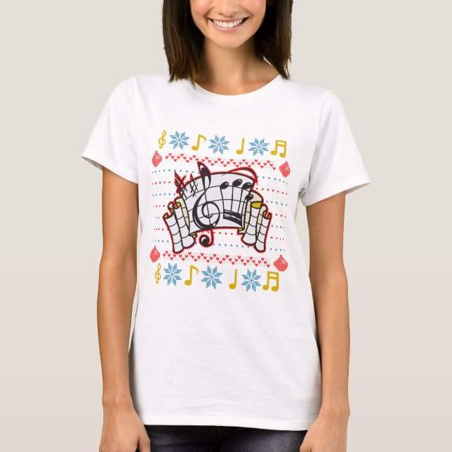 Hässlicher Weihnachtsstrickjacke-Musiknoten T-Shirt (Vorderseite)