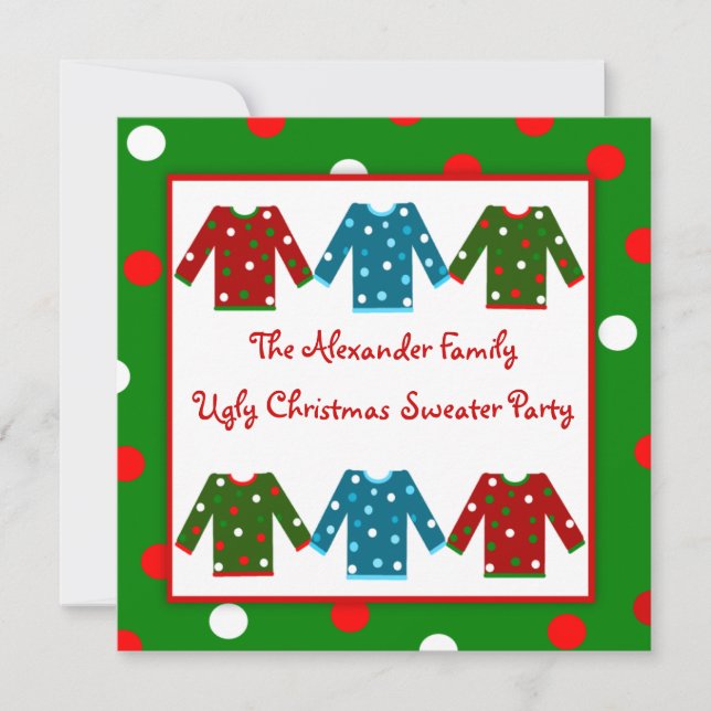 Hässliches Weihnachtsstrickjacke-Party-rote grüne Einladung (Vorderseite)