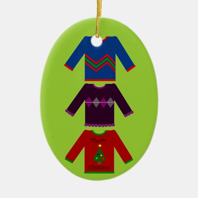 Hässliches Weihnachtsstrickjacke-Trio Keramik Ornament (Vorne)