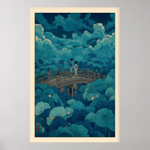 Hasui Kawase Lotos-Teich-Druck, Bogenbrücke Poster