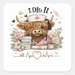 Hat es Highland Cow Krankenschwester Abschluss-Shi Quadratischer Aufkleber