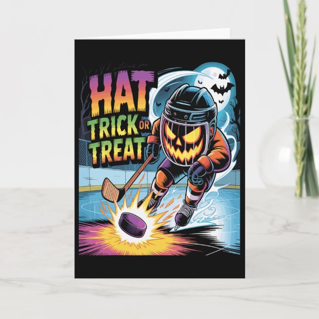 Hat Trick oder Streich Funny Eishockey Halloween K Karte (Vorderseite)