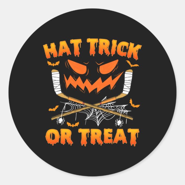 Hat Trick oder Treat Fun Eishockey Halloween Costu Runder Aufkleber (Vorderseite)