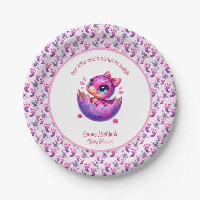 "Hatching bald" Pink Dinosaur Babydusche Pappteller (Vorderseite)