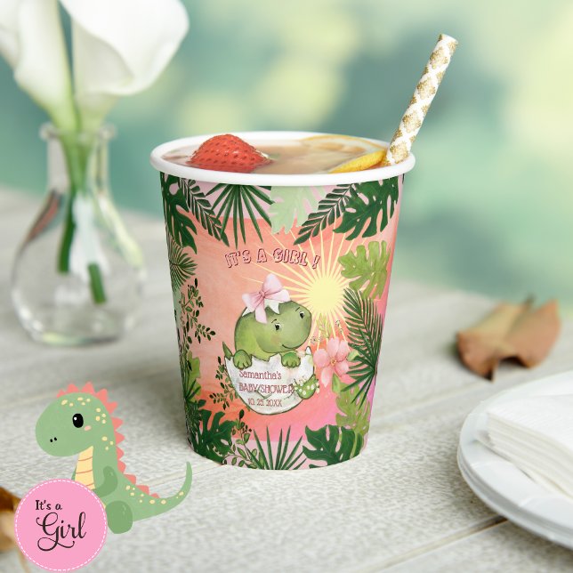 Hatching Dino with Pink Bow 'It's a Girl' Cups Pappbecher (Hatching Dino with Pink Bow 'It's a Girl' Cups)