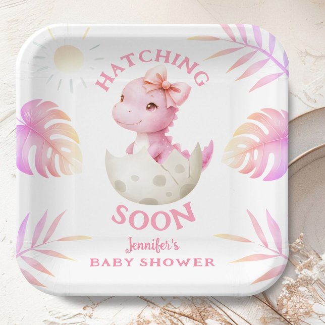 Hatching Soon Dinosaur Baby Shower Girl Pink Pappteller (Von Creator hochgeladen)