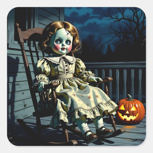 Haunted Doll and Halloween Pumpkin Quadratischer Aufkleber (Vorderseite)