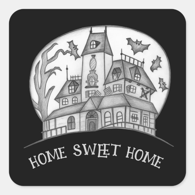 Haunted House and Bats Halloween  Quadratischer Aufkleber (Vorderseite)