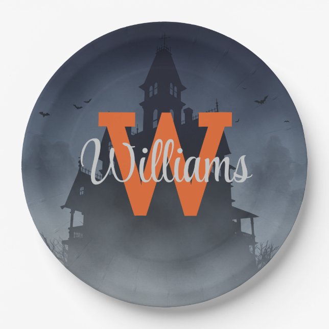 Haunted House Halloween Decor Custom Monogram Pappteller (Vorderseite)