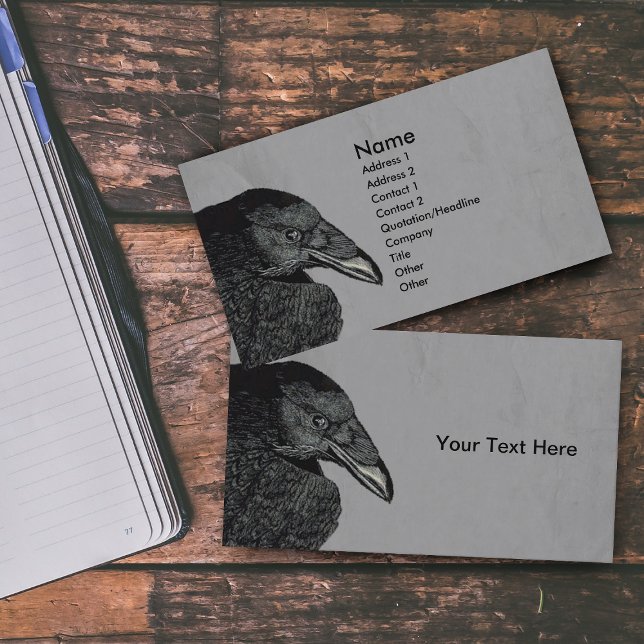 Haunting Black Crow Face Gray Visitenkarte (Illustration of head beak of black crow on marbled grey business cards.)