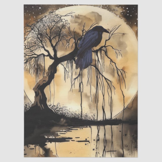Haunting Fantasy Gothic Raven & Moon Seidenpapier (Vorderseite)