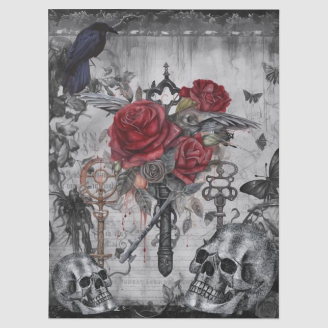 Haunting Fantasy Gothic Raven Rose Skulls Seidenpapier (Vorderseite)