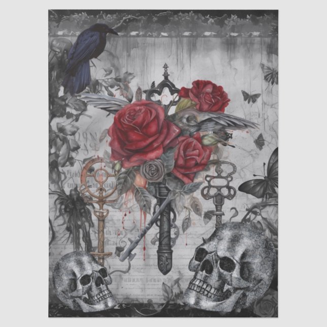 Haunting Fantasy Gothic Raven Rose Skulls Seidenpapier (Vorderseite)
