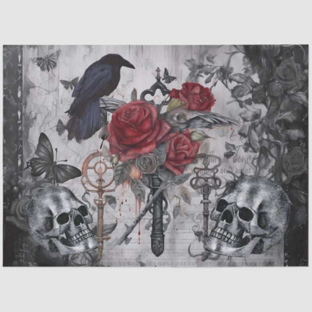 Haunting Fantasy Gothic Raven Rose Skulls Seidenpapier (Vorderseite)