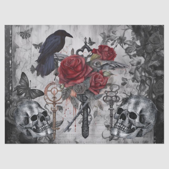 Haunting Fantasy Gothic Raven Rose Skulls Seidenpapier (Vorderseite)