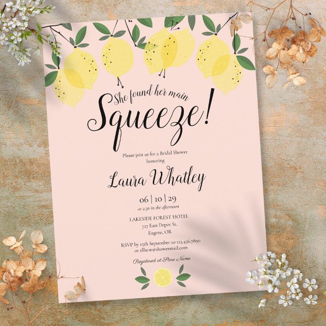 Hauptpresse Lemon Blush Pink Brautparty Ankündigungspostkarte (Main Squeeze Lemon Blush Pink Bridal Shower Announcement Postcard)
