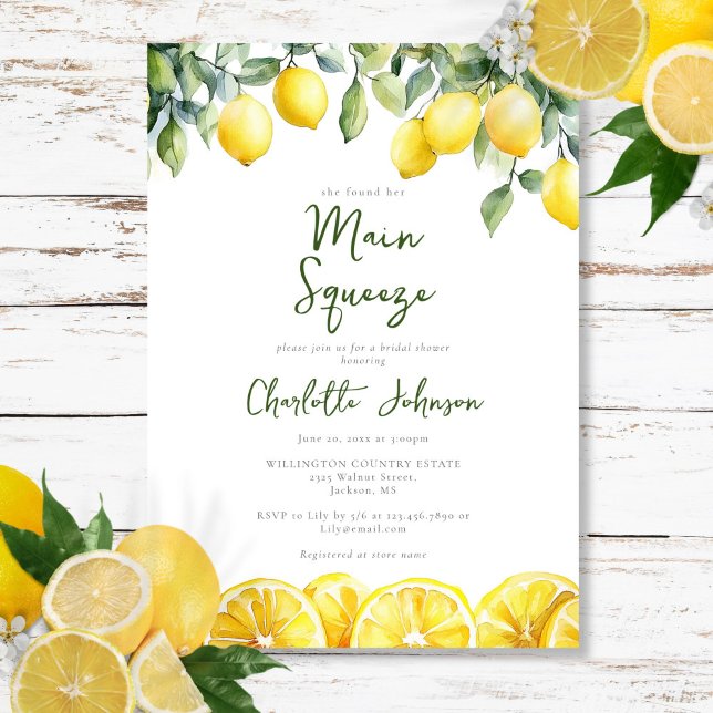 Hauptpresse Modernes Brautparty Wasserfarben Lemon Einladung (Main Squeeze Modern Watercolor Lemon Bridal Shower Invitation)