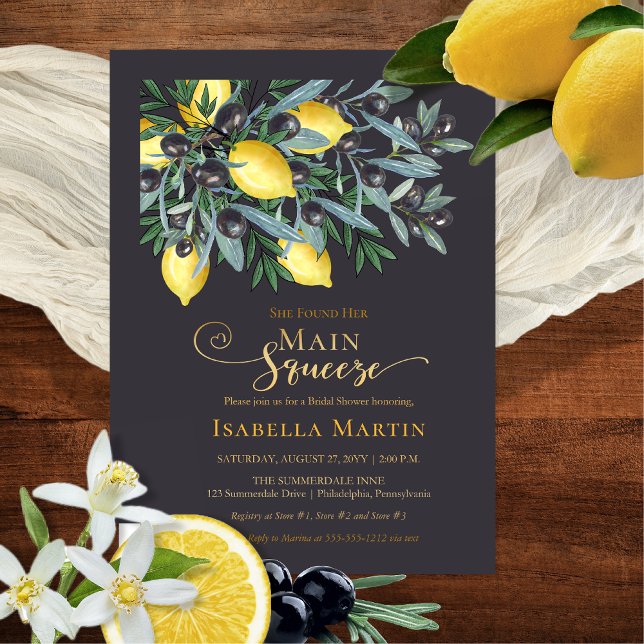 Hauptpresse | Schwarzes Brautparty Folieneinladung (Main Squeeze Lemons | Black Olives Bridal Shower Dark Blue | Gold Foil Invitation)