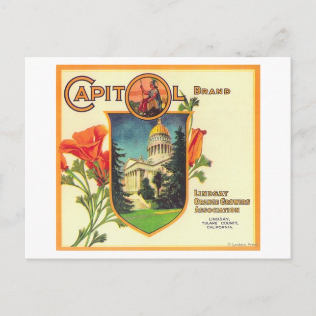 Hauptstadt Orange LabelLindsay, CA Postkarte (Vorderseite)