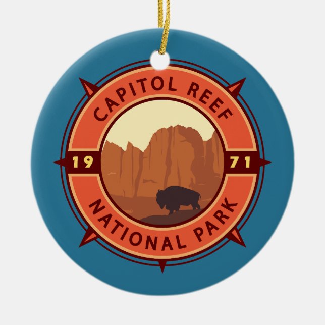 Hauptstadt Reef Nationalpark Bison Retro Kompass Keramik Ornament (Vorne)