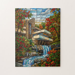 Haus am Wasserfall mit Glasmalerei im Herbst