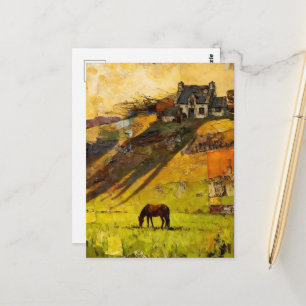 Haus auf dem Hügel und Pferd auf der Weide Postkarte