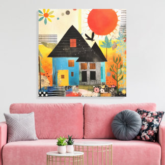 Haus aus einer Collage von Stücken und Texturen Leinwanddruck