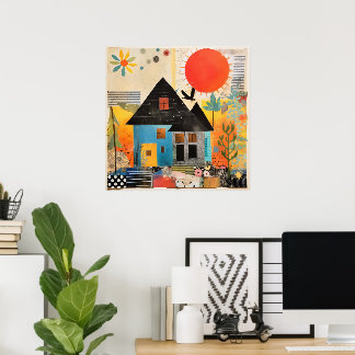 Haus aus einer Collage von Stücken und Texturen Poster